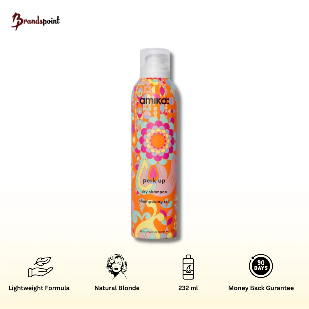 Amika Perk Up Dry Shampoo 232ml bottle, best for refreshing oily hair and adding volume.