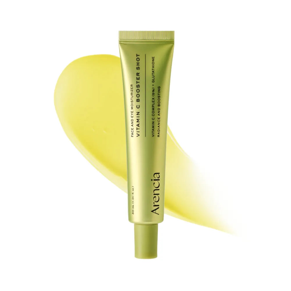 Arencia Vitamin C Booster Shot 30ml brightening serum bottle with dropper on white background, skincare product