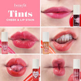Benefit Benetint beautiful model wearing the stain on cheeks and lips