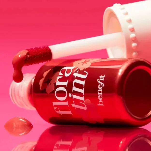 Editorial photograph of a woman wearing Benefit Floratint lip and cheek stain - romantic desert rose look