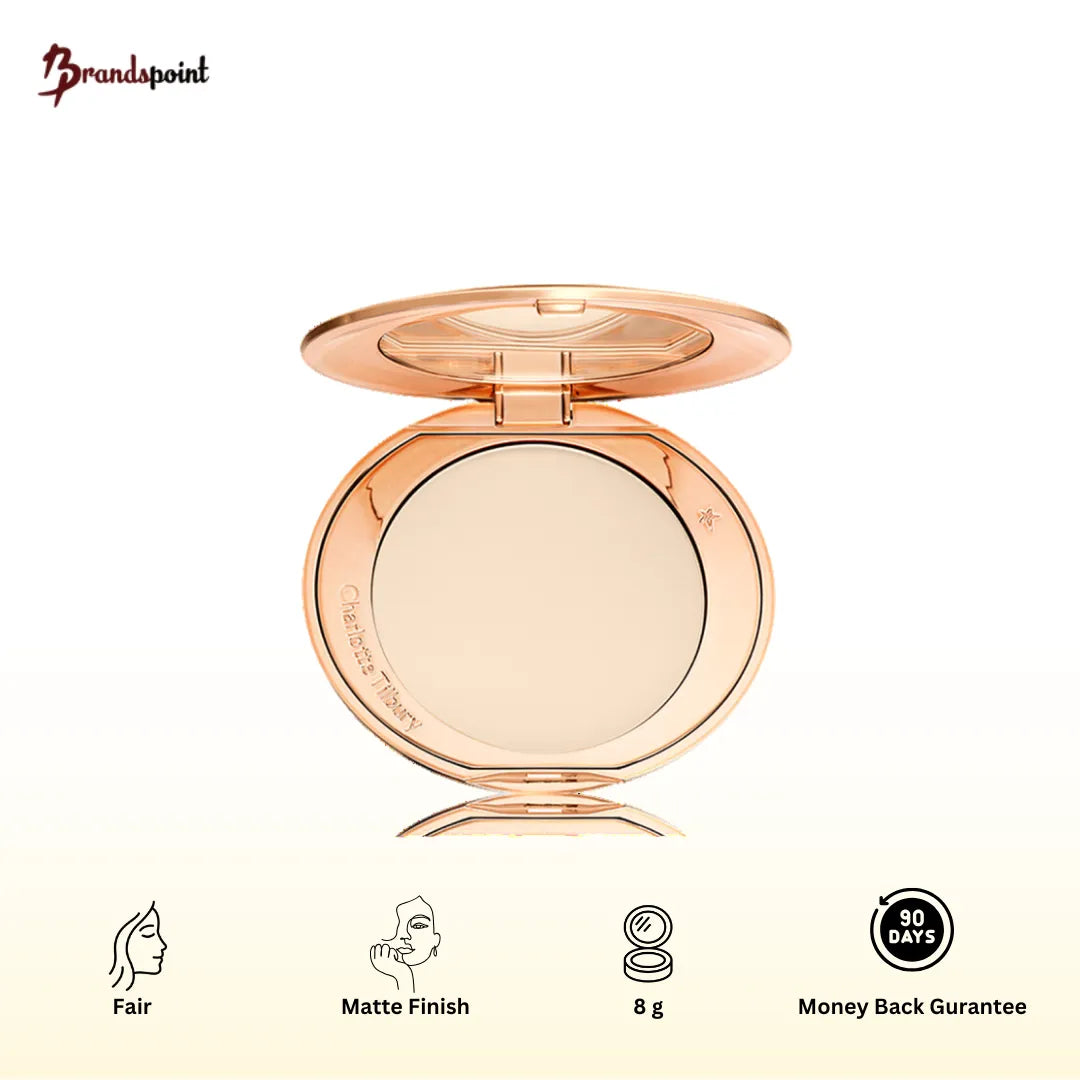 Charlotte Tilbury Airbrush Flawless Finish Powder Fair compact with loose powder visible, soft focus setting powder for fair skin