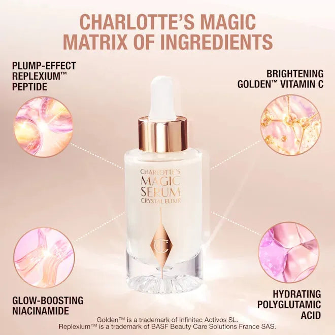 Charlotte Tilbury Magic Serum Crystal Elixir in use on a model for radiant skin