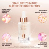 Charlotte Tilbury Magic Serum Crystal Elixir in use on a model for radiant skin