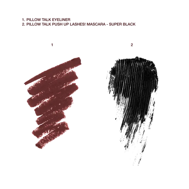 Swatches showing Pillow Talk eyeliner shade and mascara effect on eyes