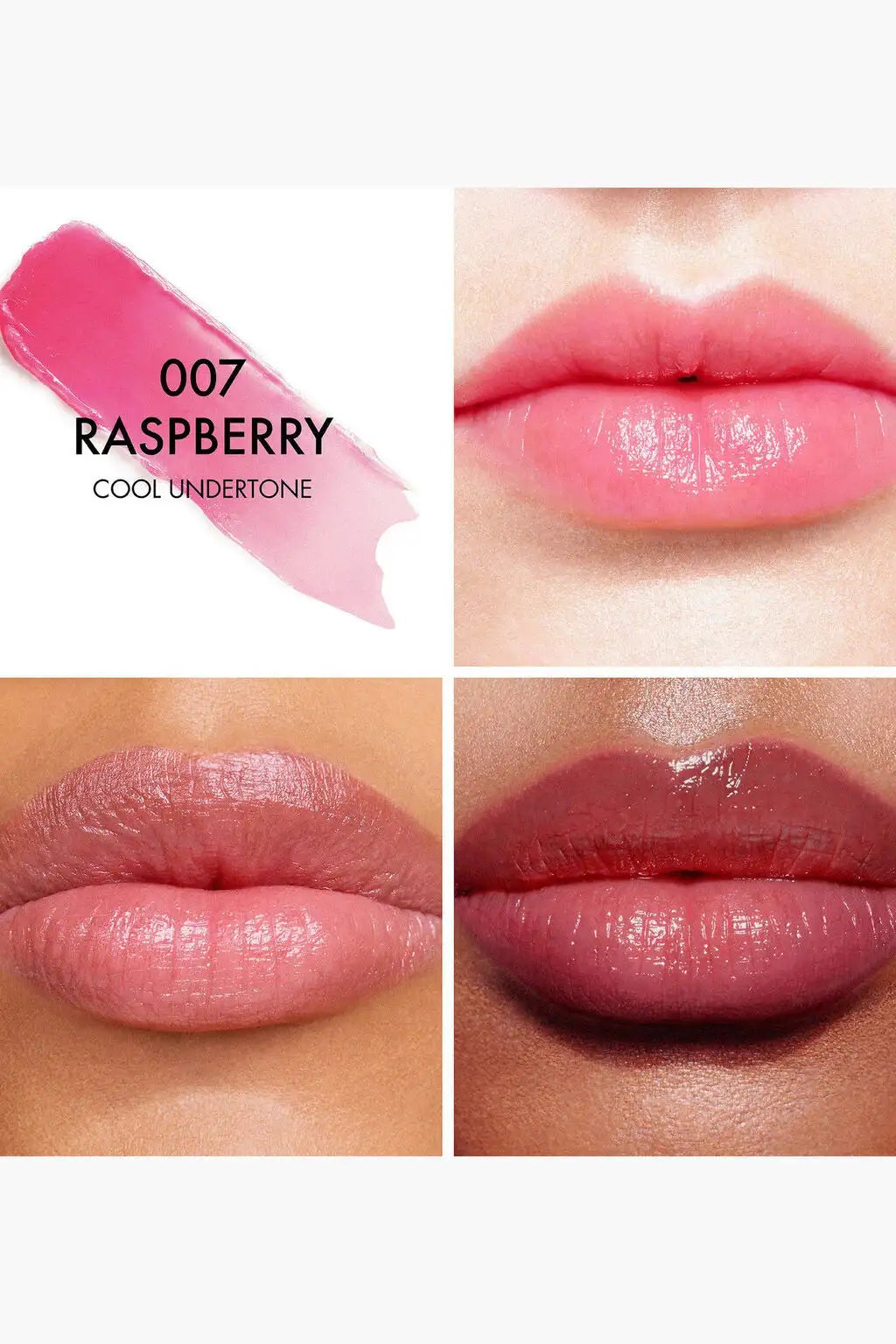 Dior Addict Lip Glow 007 Raspberry Cool lip balm swatch showing natural rosy tint on lips