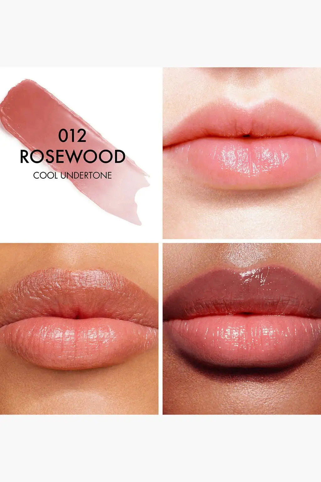 Swatch of Dior Addict Lip Glow 012 Rosewood on lips displaying sheer pink-rose custom color