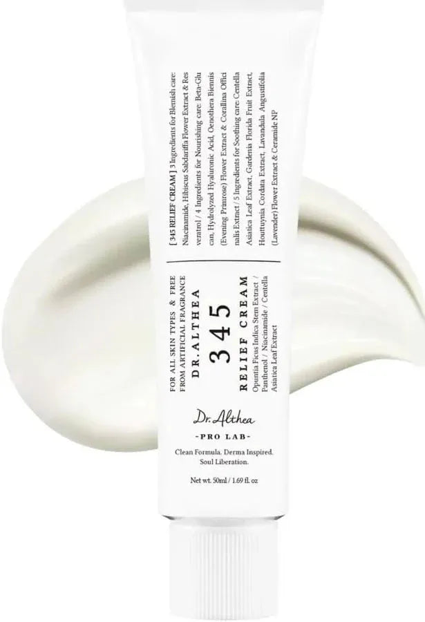 Dr.Althea 345 Relief Cream tube packaging - soothing moisturizer for sensitive skin with Centella Asiatica