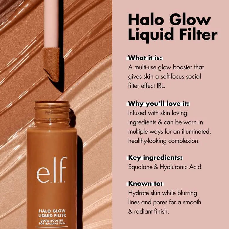 E.L.F. Halo Glow Liquid Filter product spotlight showing dropper applicator and glow