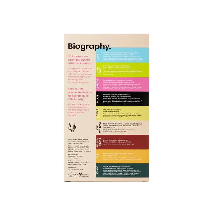 Hand reaching for a 2ml spray vial from Ellis Brooklyn Biography Discovery Set emphasizing easy travel use