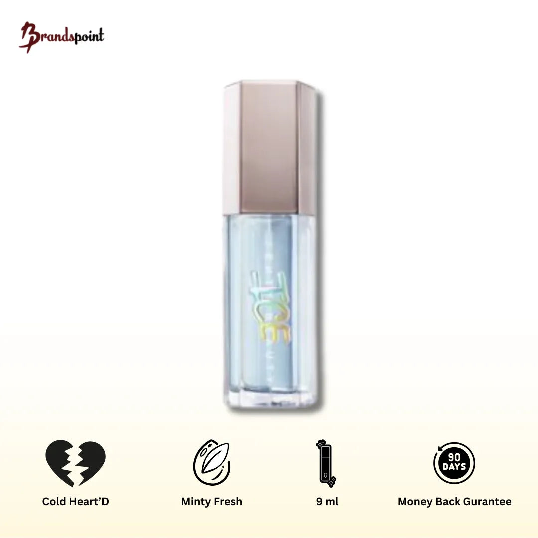 Fenty Beauty Gloss Bomb Ice Cold heart’d translucent lip gloss with cooling mint effect, showing XXL wand