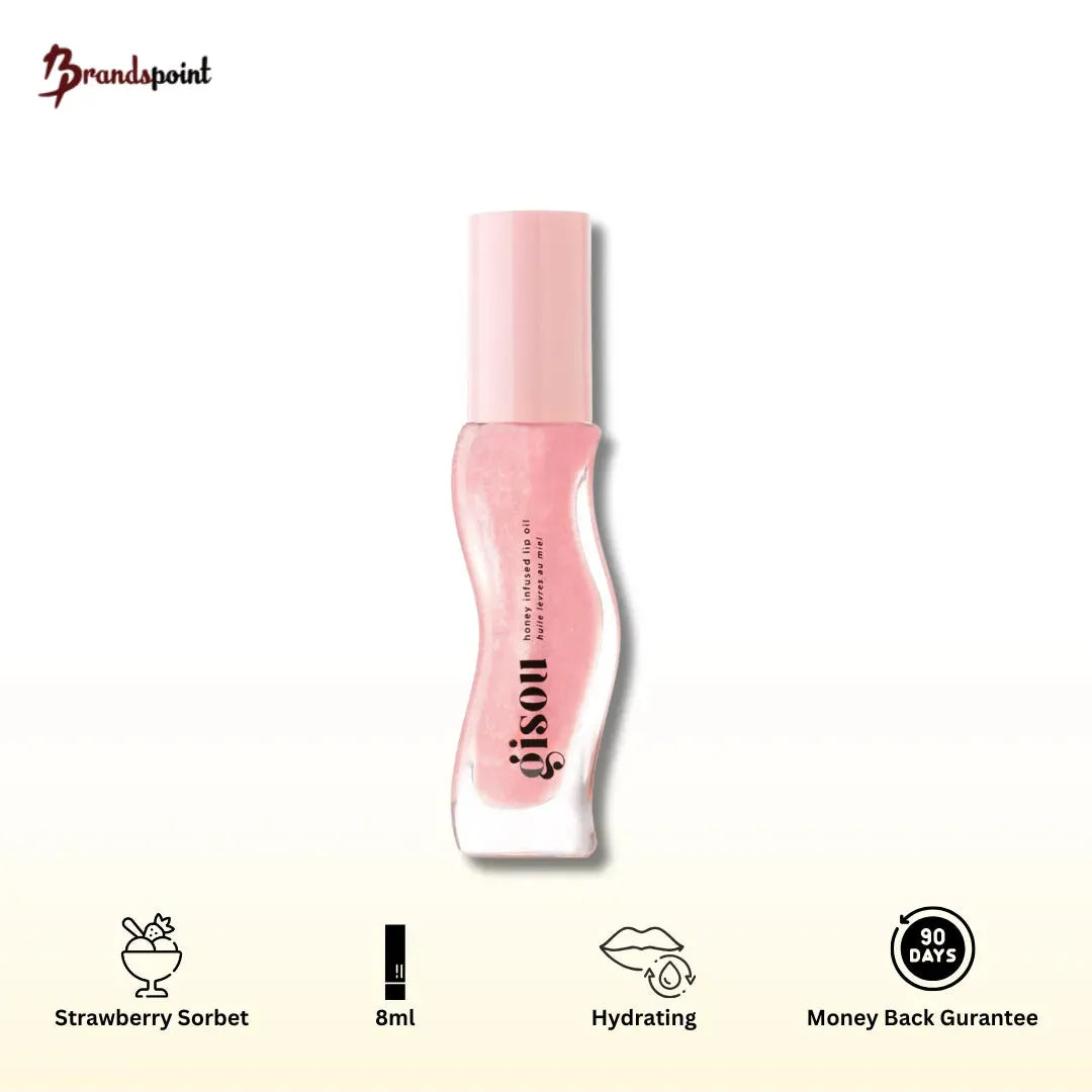 Gisou Honey Infused Lip Oil Strawberry Sorbet product shot on white background showing packaging with golden cap and honeycomb design