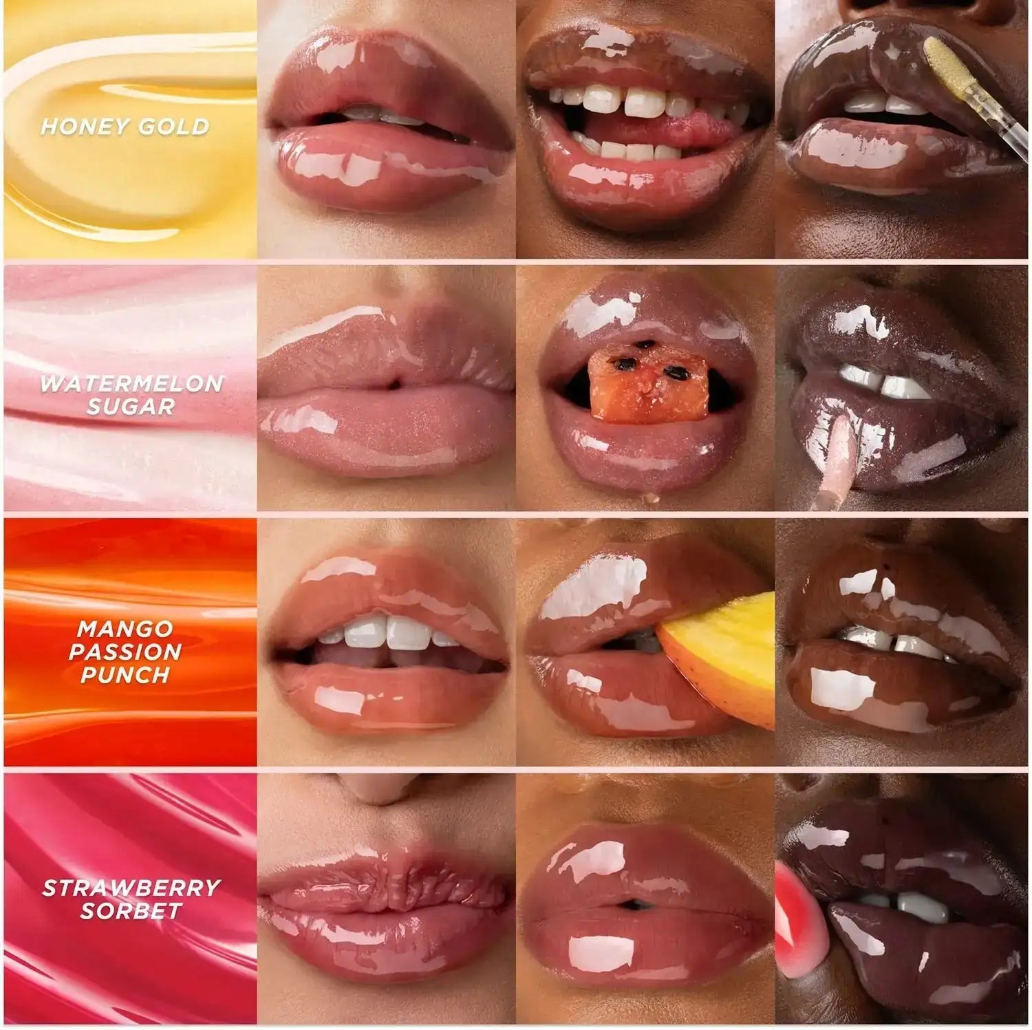 Model wearing Gisou Honey Infused Lip Oil Strawberry Sorbet with naturally plump and glossy lips, headshot