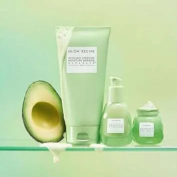 Glow Recipe serum ingredient list close-up with avocado and ceramide icons