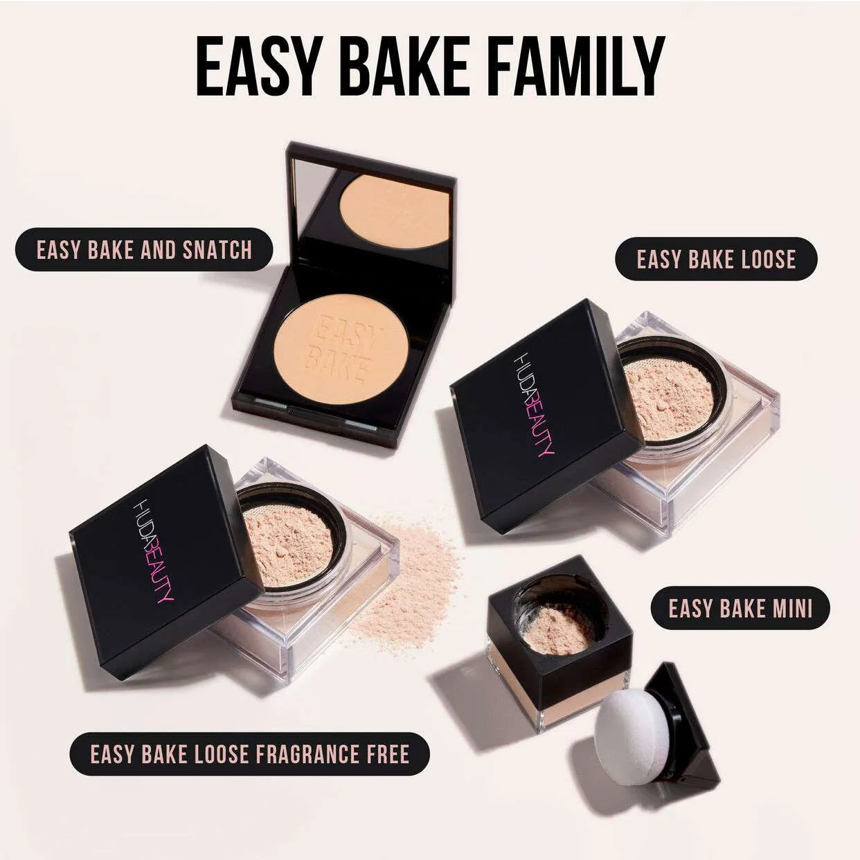 Huda Beauty Easy Bake pressed and loose powder product family