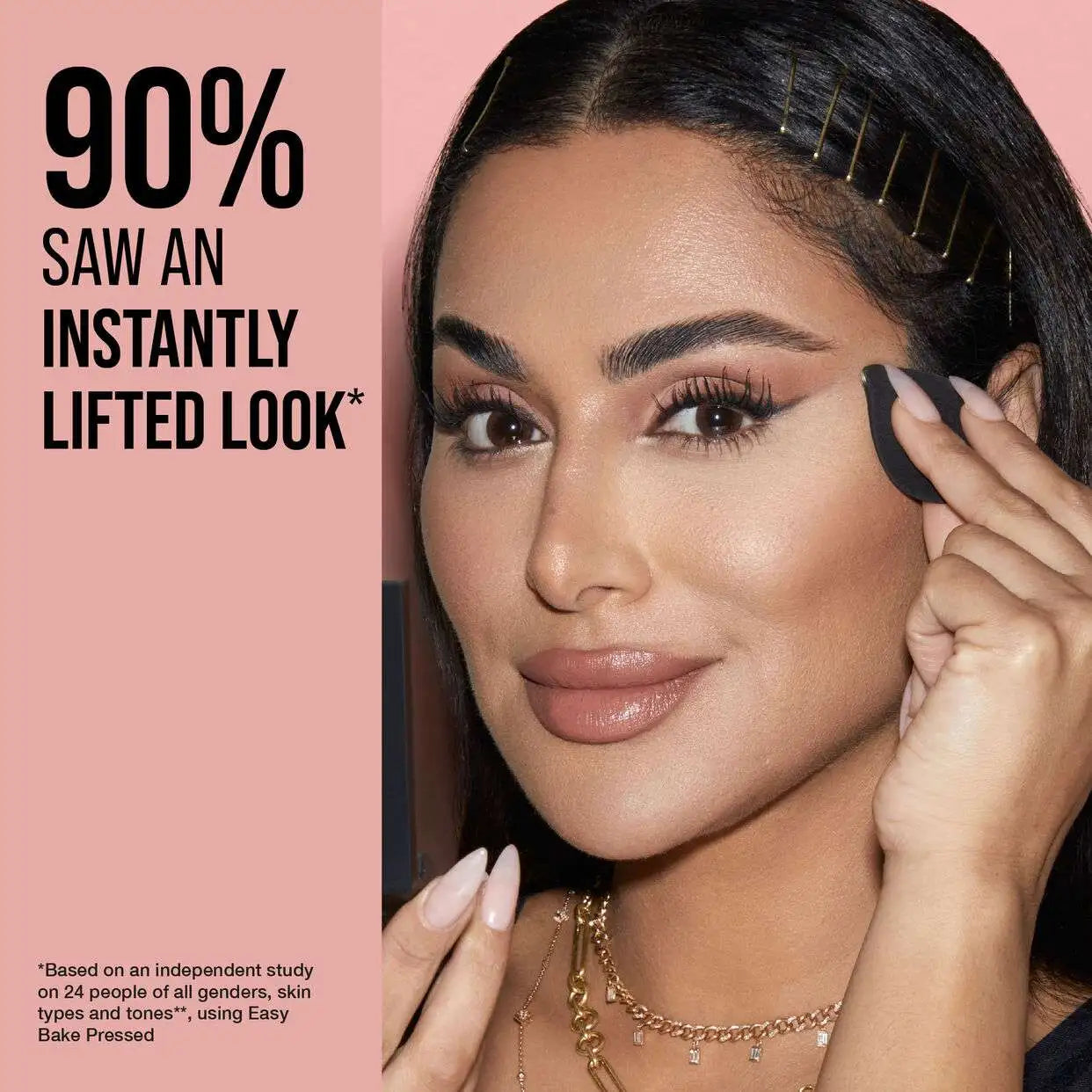 Huda Beauty Easy Bake Pressed Powder claim infographic with product details