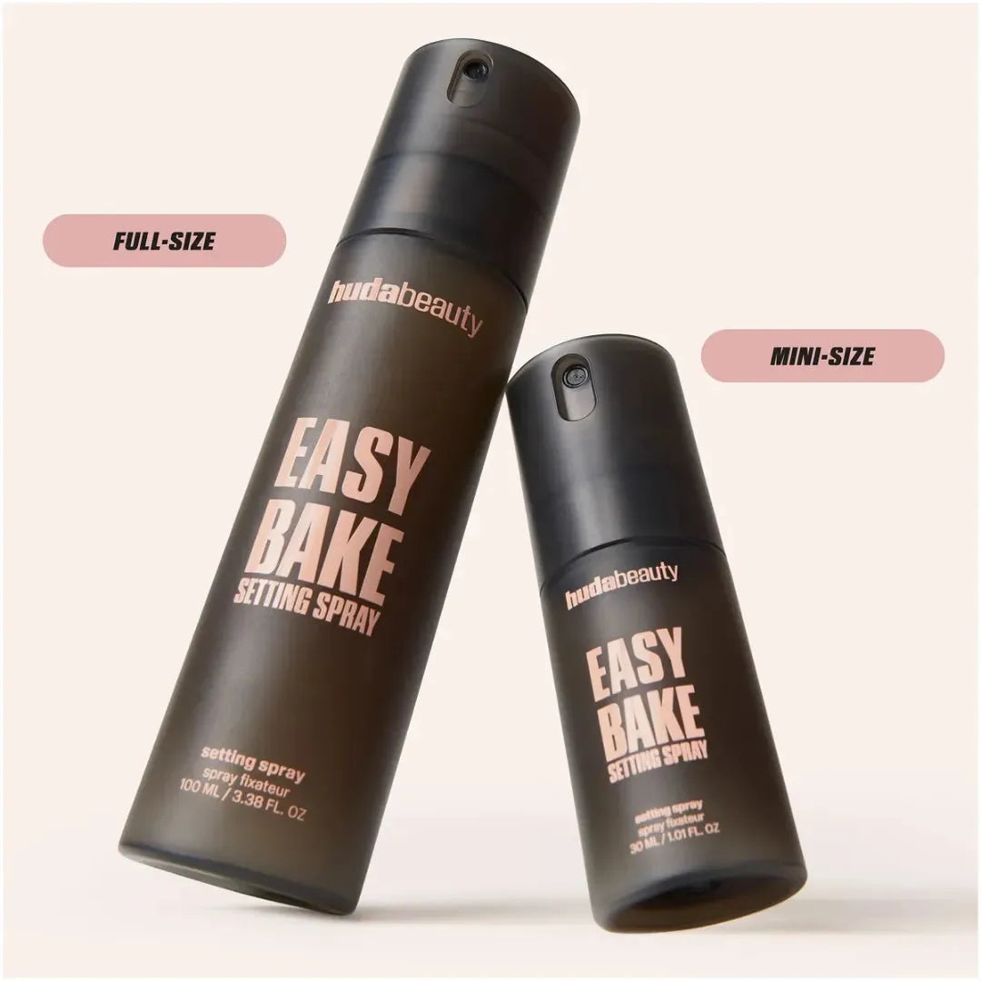 Comparison of Huda Beauty Easy Bake Setting Spray 100ml and 30ml sizes for travel