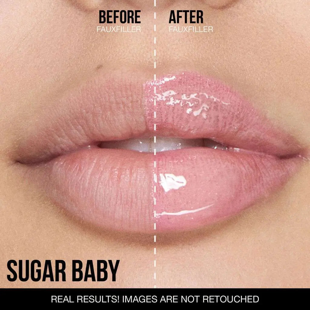 Before and after using Huda Beauty Faux Filler lip gloss Sugar Baby