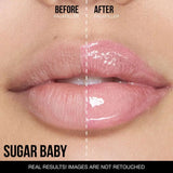 Before and after using Huda Beauty Faux Filler lip gloss Sugar Baby