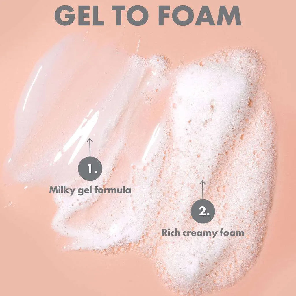 Gel to foam transformation demonstration of Huda Beauty Get Clean foaming cleanser texture