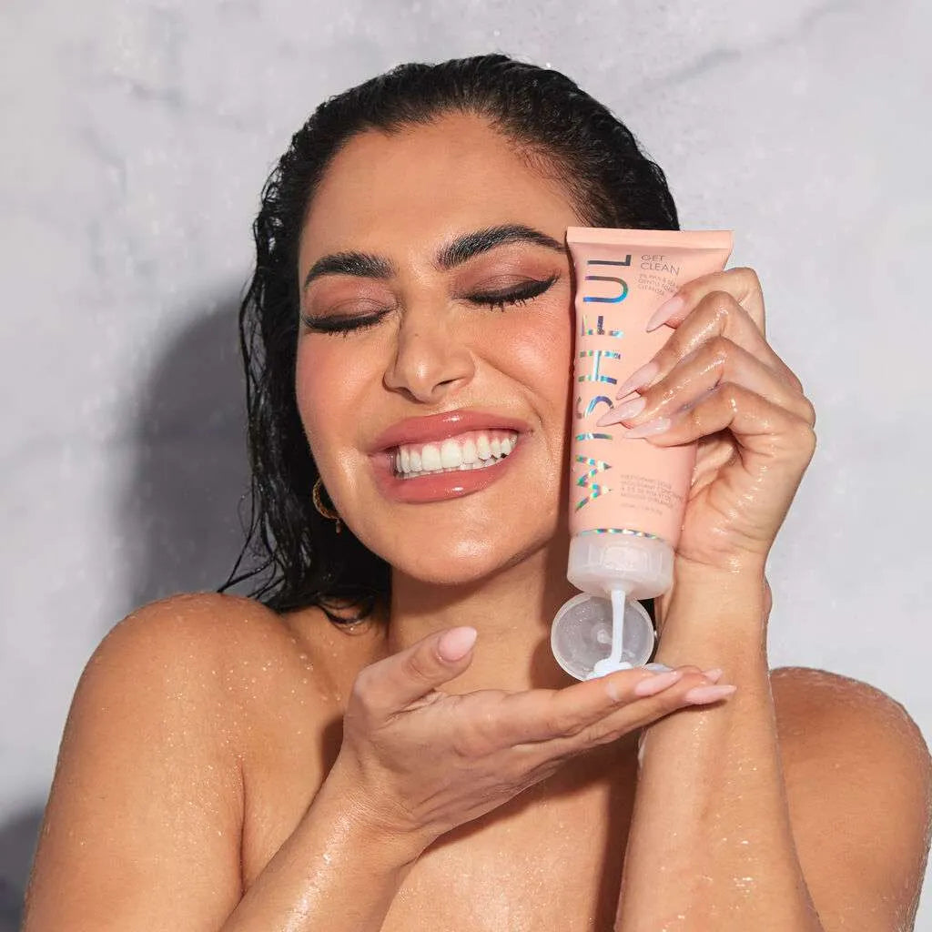 Close up of Huda Beauty Get Clean cleanser foam on skin showing rich lather and cleansing action