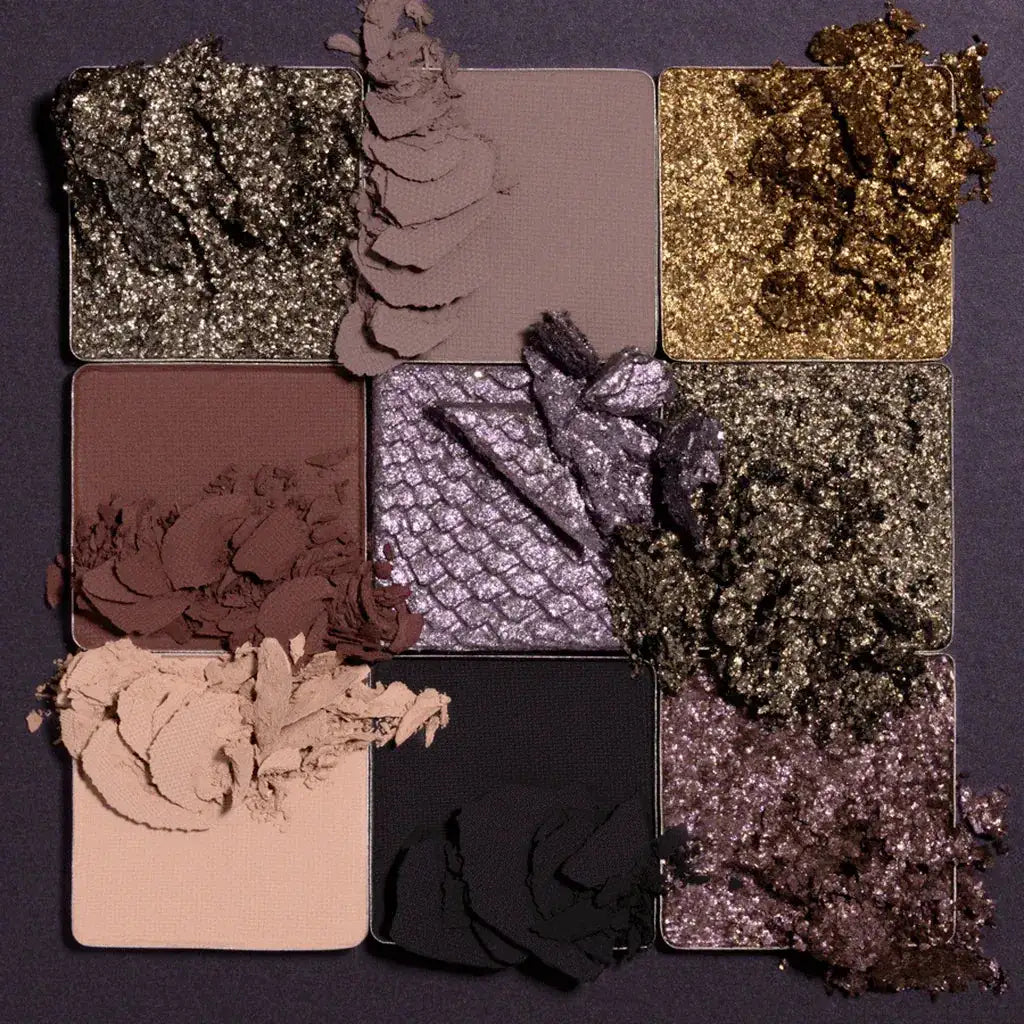 Swatches of Huda Beauty Jaguar palette shades – highly pigmented matte and metallic