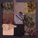 Swatches of Huda Beauty Jaguar palette shades – highly pigmented matte and metallic