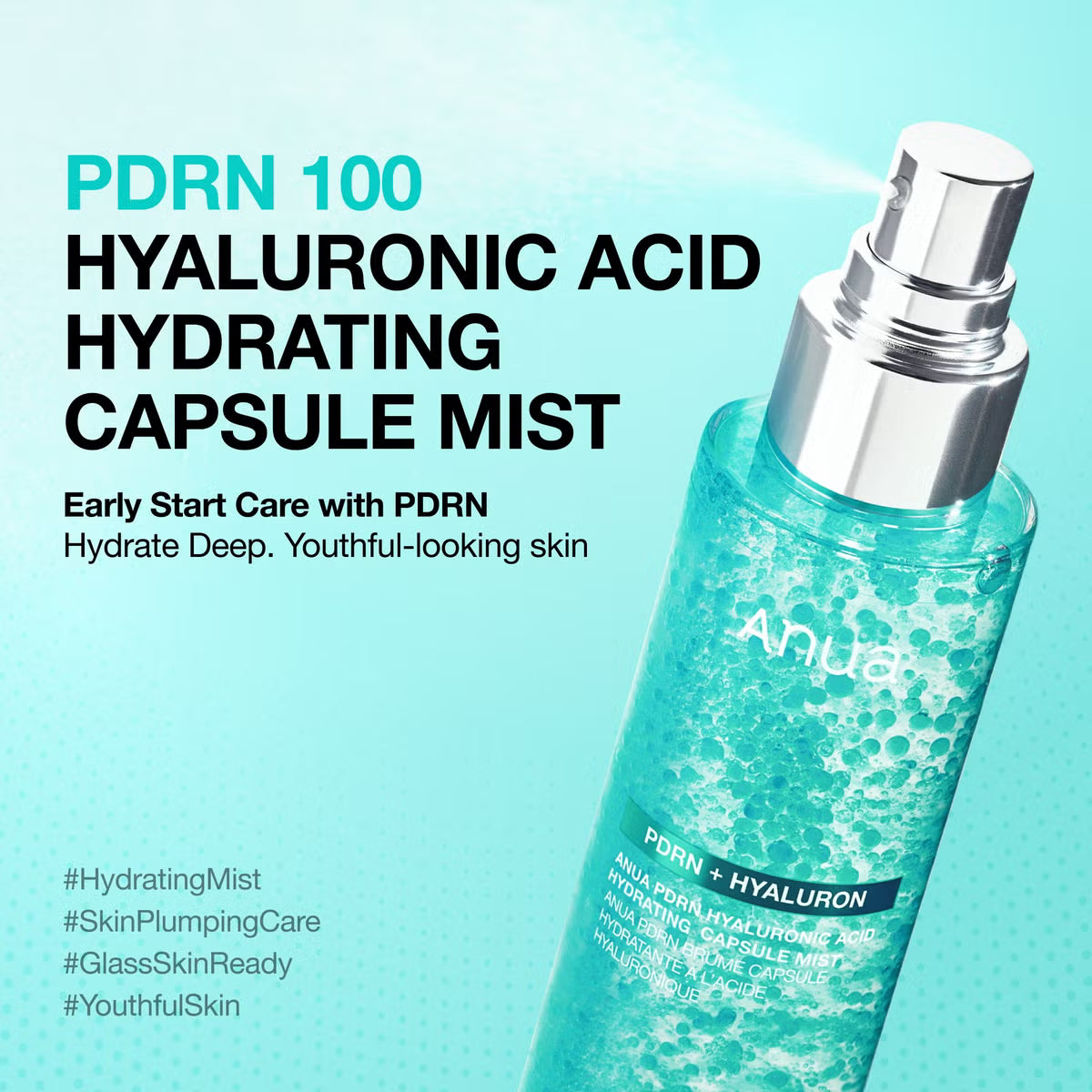 Close-up of Anua PDRN + Hyaluronic Acid Hydrating Capsule Mist being sprayed onto skin, highlighting the fine mist and instant hydrating, plumping effect.
