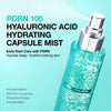 Close-up of Anua PDRN + Hyaluronic Acid Hydrating Capsule Mist being sprayed onto skin, highlighting the fine mist and instant hydrating, plumping effect.
