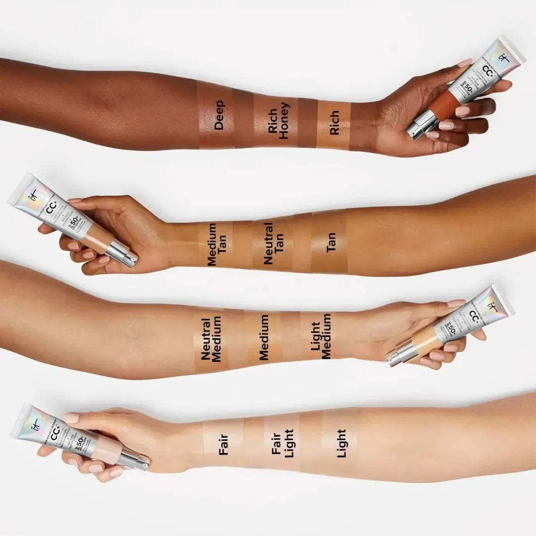 IT Cosmetics CC+ Cream Light Medium shade swatch on skin showing flawless coverage and radiant finish