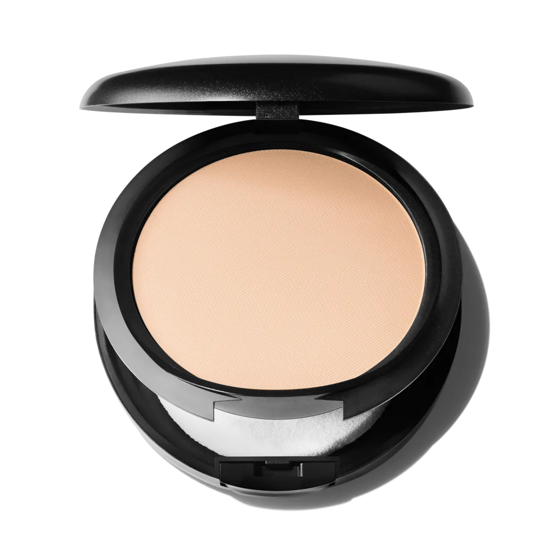 MAC Studio Fix Powder Plus Foundation NC15 shade swatch on light skin showing fair beige neutral undertone