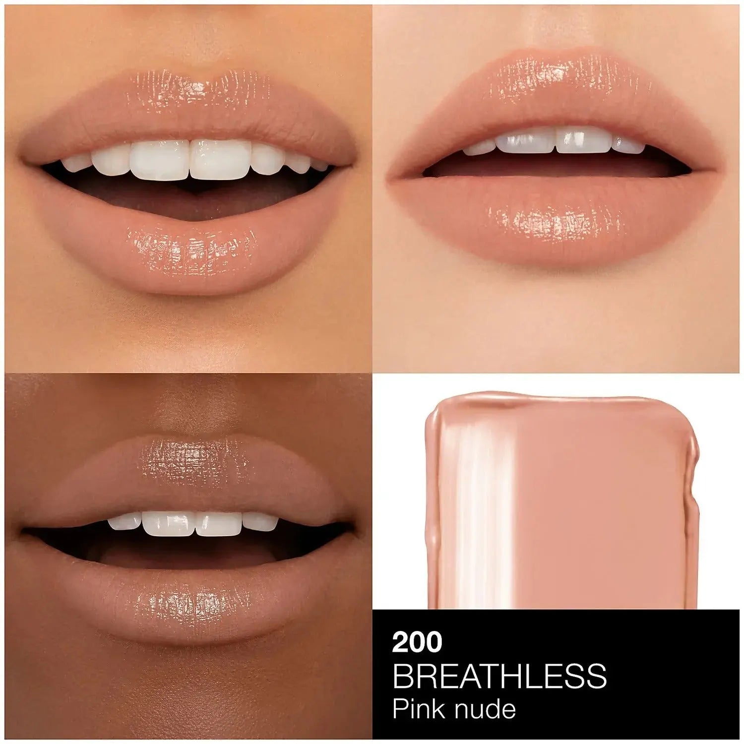 NARS Afterglow Lipstick Breathless bullet, swatched on skin showing nude rose color