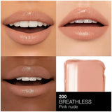 NARS Afterglow Lipstick Breathless bullet, swatched on skin showing nude rose color