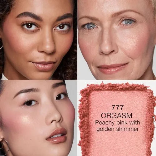 NARS Orgasm blush swatch on skin showing peach-pink with gold shimmer