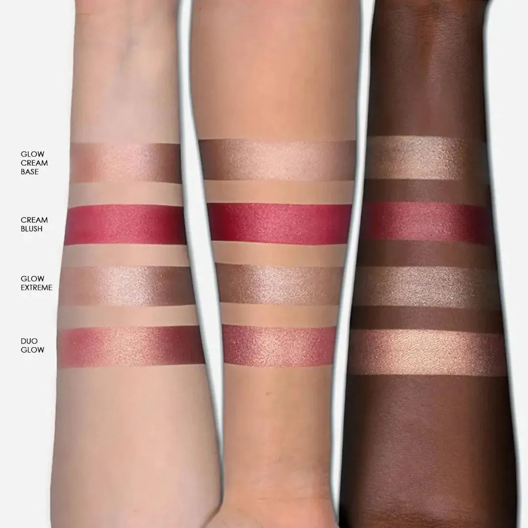 The Natasha Denona Bloom Face Glow Palette displayed alongside a professional makeup brush, illustrating how the product can be applied for a seamless and luminous glow on cheeks and face.