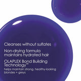 Infographic showing benefits of Olaplex Nº.4P purple toning shampoo