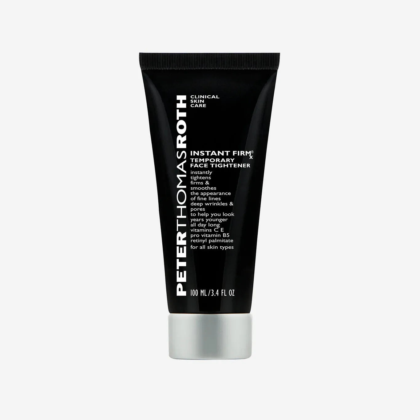 Peter Thomas Roth Instant Firmx Temporary Face Tightener product bottle front view, 100ml size, white and silver packaging