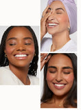 Model wearing Rare Beauty Joy liquid blush on cheeks with radiant dewy look
