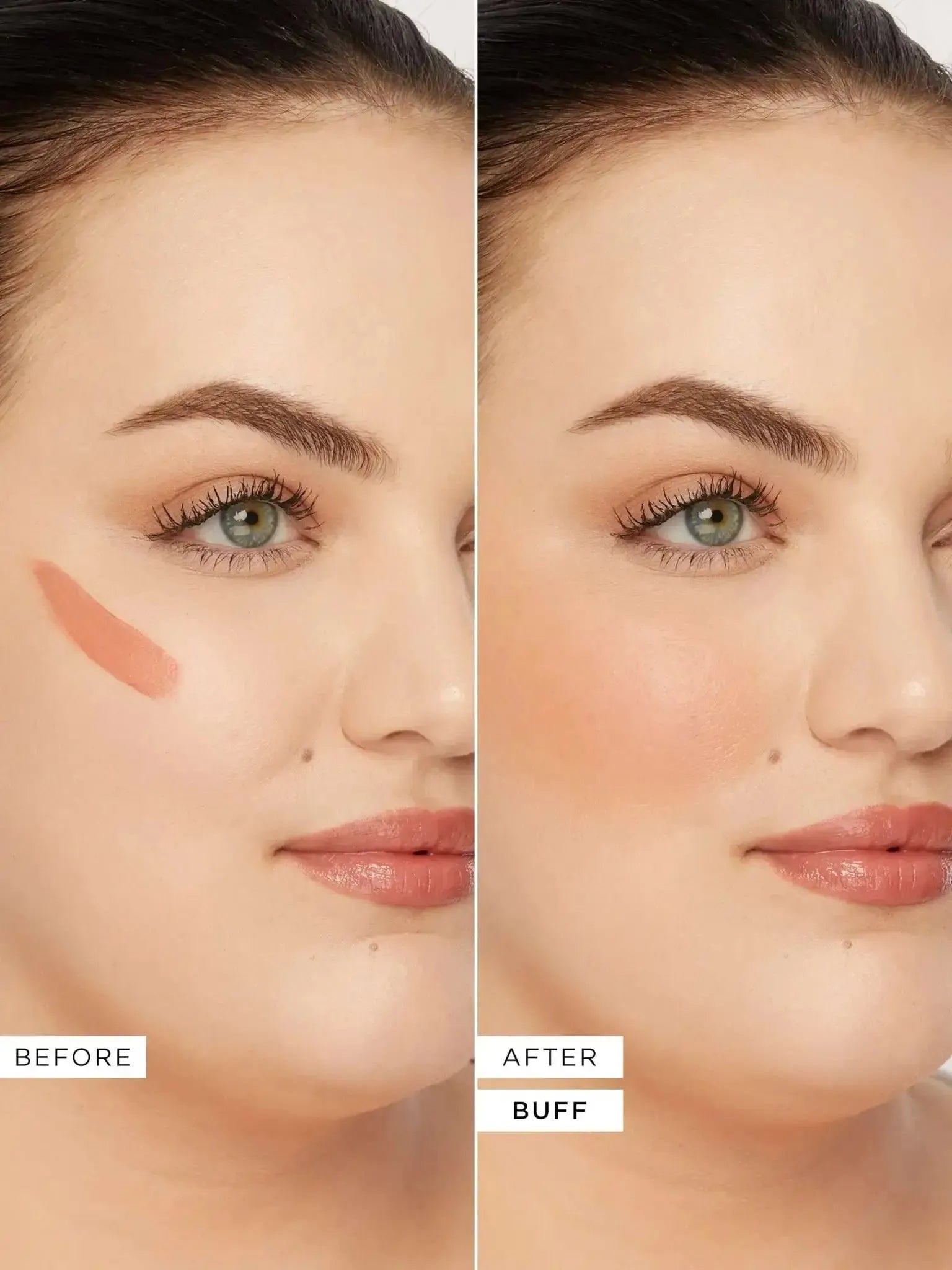 Close-up of Tarte Maneater Silk Stick Blush in Buff showing creamy texture and swirls, emphasizing the silky formula
