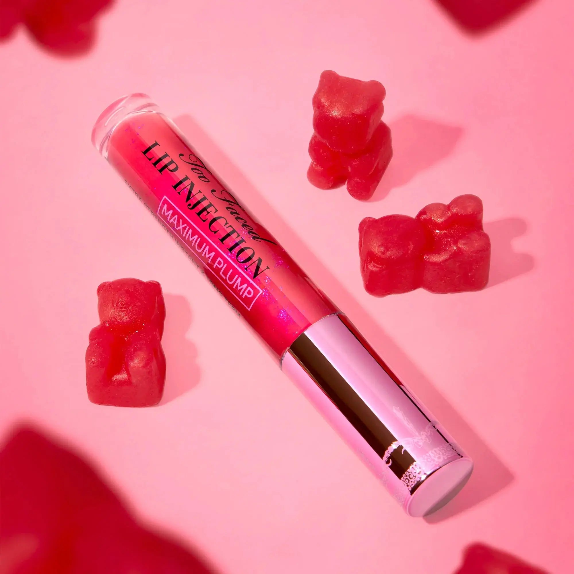 Swatch of Too Faced Lip Injection Maximum Plump Yummy Bear on lips showing plumping effect