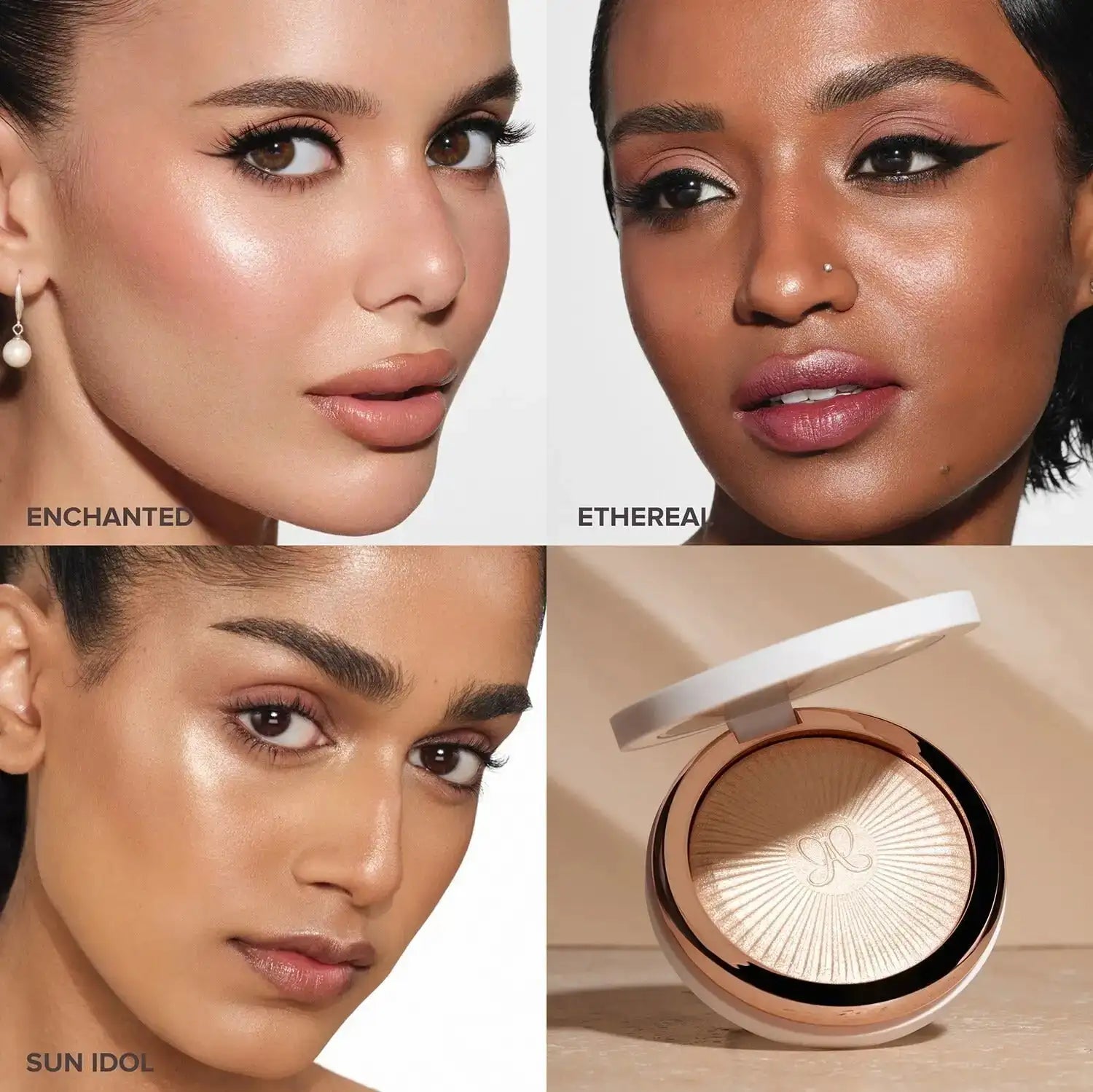 Close-up texture of Anastasia Glow Seeker Highlighter Sun Idol baked powder gel formula - luminous and finely milled