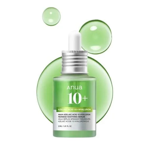 ANUA Azelaic Acid 10% Hyaluronic Redness Soothing Serum 30ml dropper bottle on white background - soothing serum for sensitive skin
