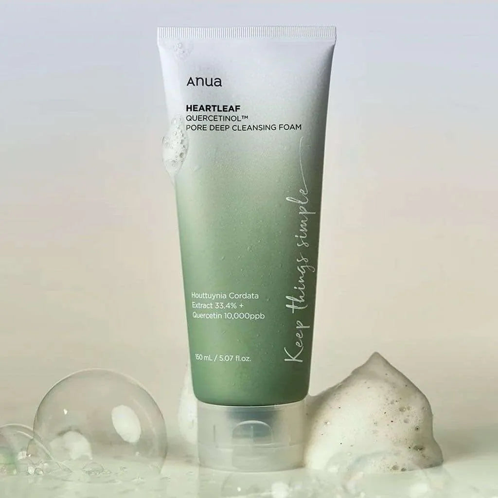 Close-up of Anua Heartleaf BHA foam cleanser texture showing rich creamy foam - pore cleansing foam for deep pore care
