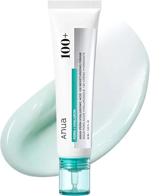 ANUA PDRN Hyaluronic Acid 100 Moisturising Cream 60ml - product packaging front view with glass skin effect
