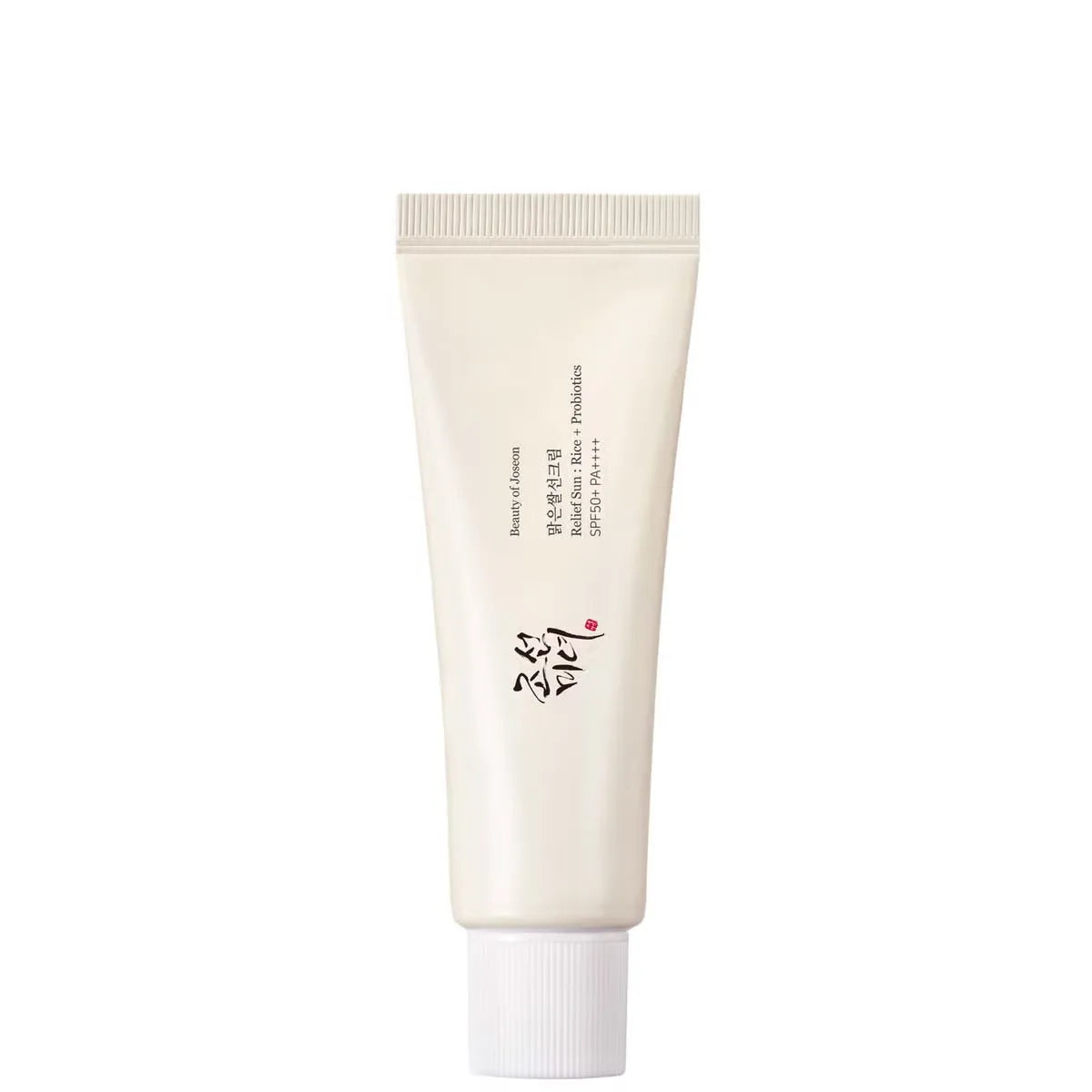 واقي شمس كوري بيوتي أوف جوسيون ريلف صن مع الأرز والبروبيوتيك SPF50+ 50 مل على خلفية بيضاء