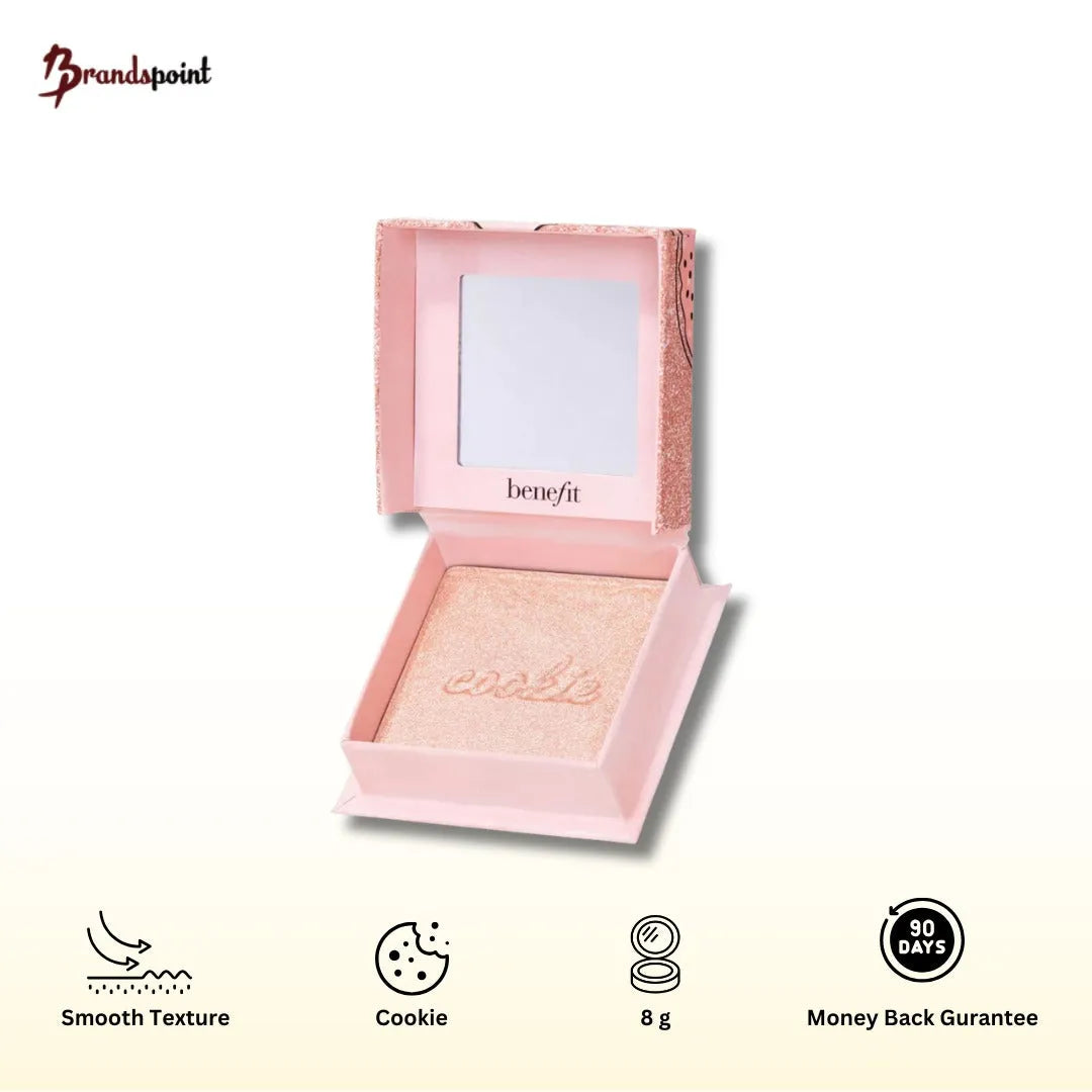 Benefit Cookie Highlighter Powder in its iconic branded compact, showcasing the golden shimmer for a radiant glow.