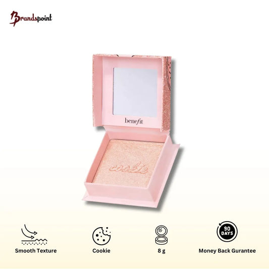 Benefit Cookie Highlighter Powder in its iconic branded compact, showcasing the golden shimmer for a radiant glow.