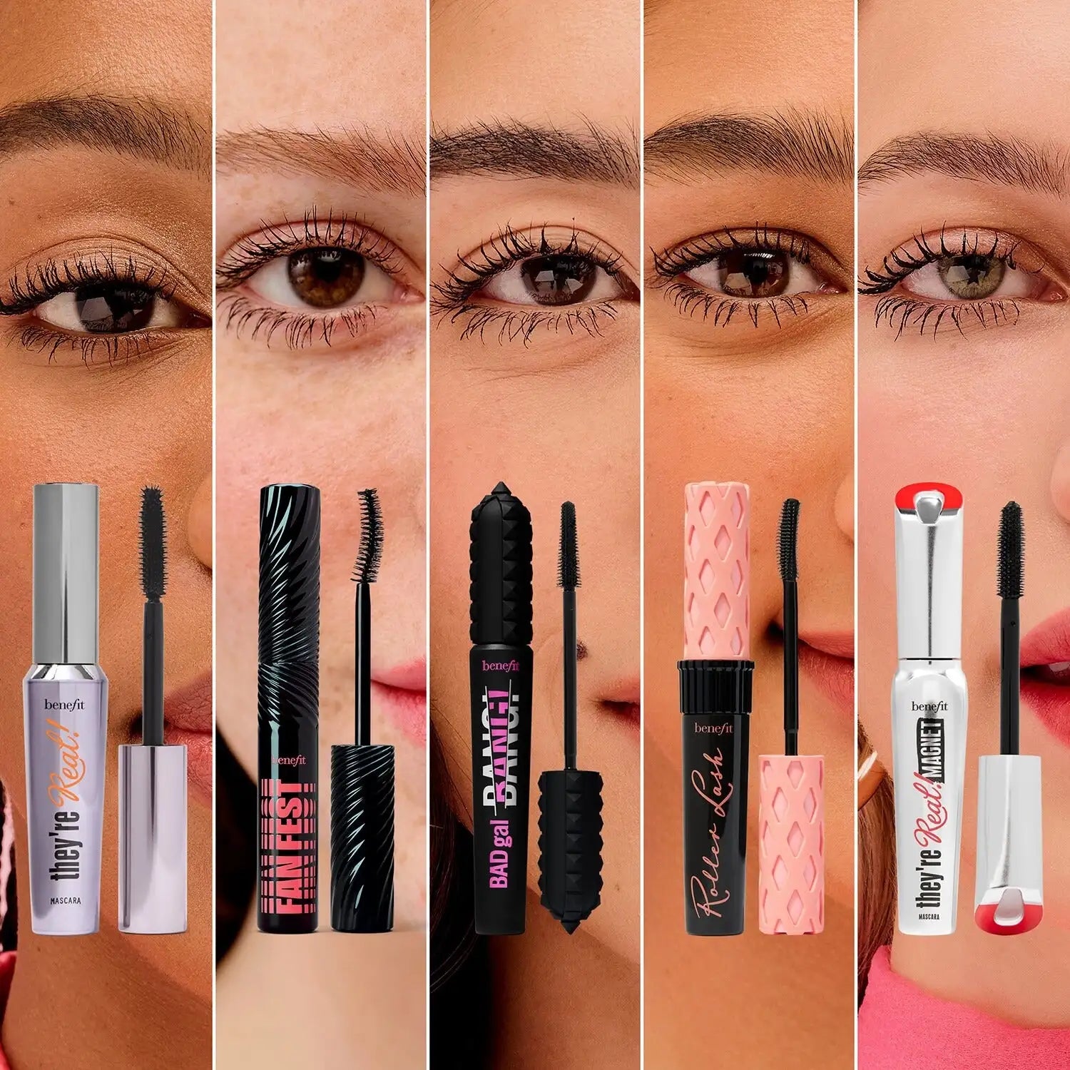 Benefit They're Real! mascara swatch on lashes demonstrating dramatic lengthening and volumizing effect