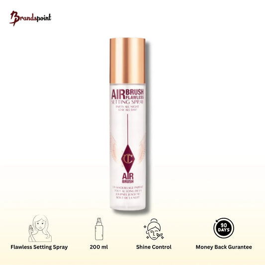 Charlotte Tilbury Airbrush Flawless Setting Spray 200ml bottle with pink cap and sleek design against a clean background