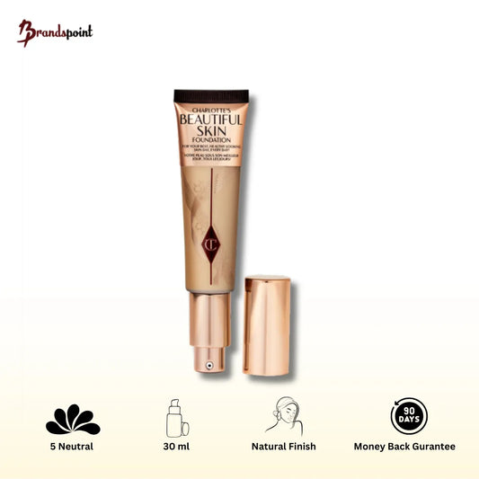 Charlotte Tilbury Beautiful Skin Foundation 5 Neutral 30ml bottle front view with rose gold cap