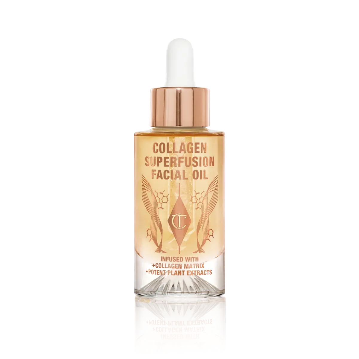 Charlotte Tilbury Collagen Superfusion Facial Oil 30ml bottle on white background with dropper and gold cap